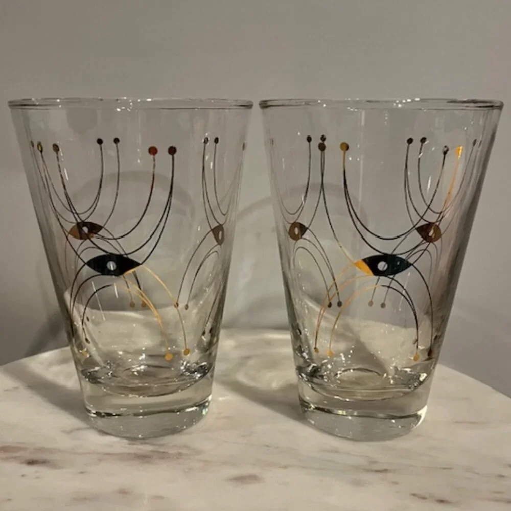 Pair of Vintage MCM Libbey Adagio 8oz Glasses with Gold Design